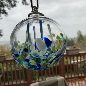 Beautiful Hand Blown Glass Ball - Blue, White, & Yellow